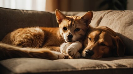 A dog and a cat cuddling together on a beige sofa in a cozy and warm indoor setting at daytime