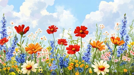 Fototapeta premium Colorful field flowers bloom against a blue sky with puffy white clouds. It's perfect for spring or summer designs to add a fresh, bright feel.