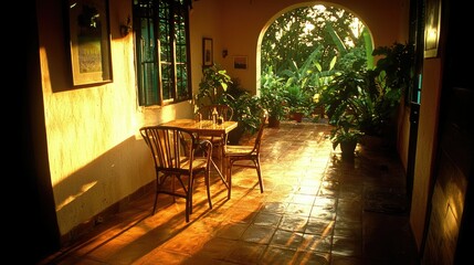 A peaceful outdoor patio featuring natural light and lush green plants