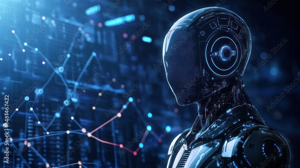 Poster futuristic robot analyzing data