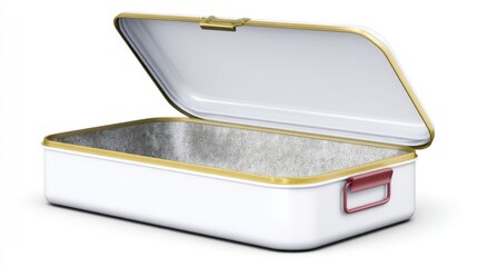 Open metal lunch box with golden trim and red handle. Generative AI