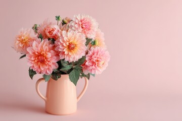 Obraz premium Delicate bouquet of peachy dahlias in a pastel vase.