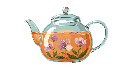illustration of a glass teapot with flowers and tea leaves, soft tones 