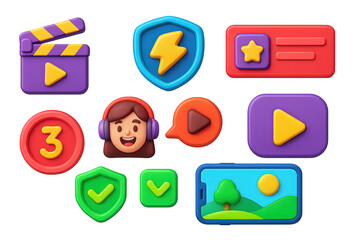 Entertainment and media 3d icons set – vibrant, playful, digital symbols