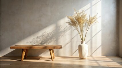 Sunlit Interior Scene Wooden Bench and Dried Floral Arrangement in Elegant Vase