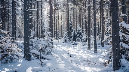 Snow Covered Forest Scene with Sunlight Filtering Through Tall Trees in Winter