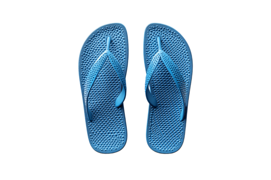 A pair of blue rubber flip-flops with textured soles, clean and casual beachwear, isolated on a transparent background