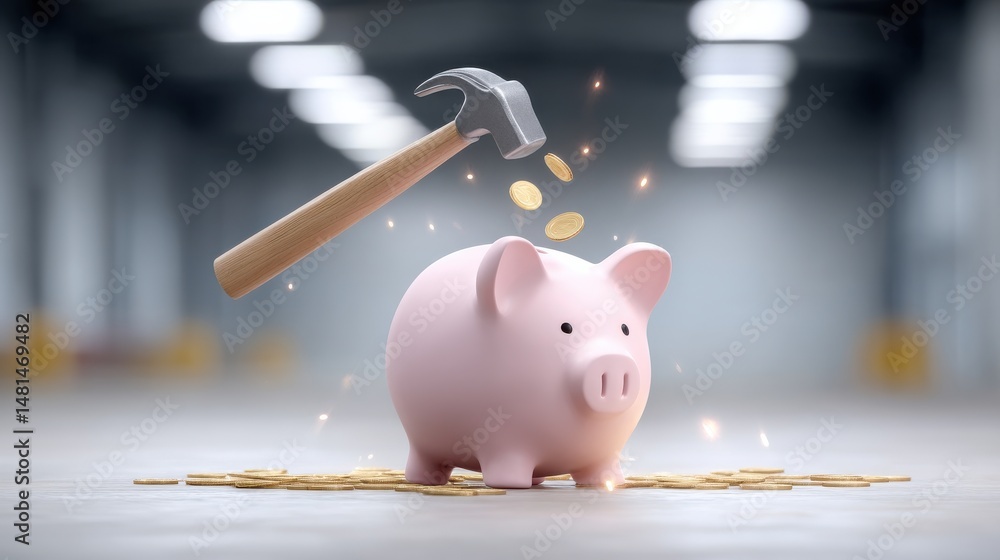 Poster a pink piggy bank is being forcefully struck by a hammer causing the coins inside to scatter and spi