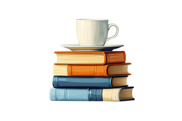 Naklejka premium A white coffee cup and saucer on top of colorful stacked books, tidy and charming, isolated on a transparent background