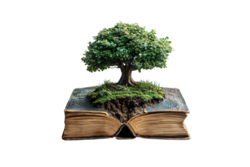 A vibrant tree with dense foliage grows from an aged, open book covered in moss, isolated on a transparent background