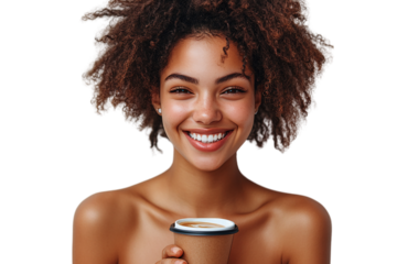 A woman with curly hair smiles brightly holding coffee cup, natural light and freckles visible, isolated on a transparent background