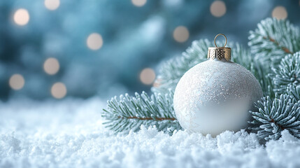 White ornament with snowy pine branch, bokeh background