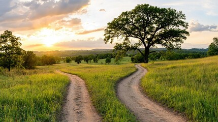 A scenic rural landscape with two paths and setting sun