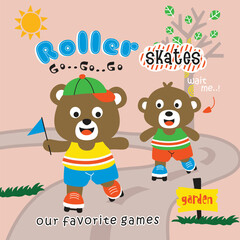 Two cartoon bear friends roller skating on winding garden path with roller skates and go go go text in cheerful sunny outdoor play scene. Sports illustration concept
