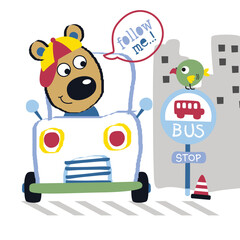 Cartoon bear driving white car near bus stop sign with speech bubble saying follow me and city buildings in friendly transportation scene. Urban illustration concept
