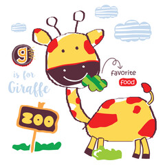 Cartoon giraffe eating favorite food beside zoo sign with g is for giraffe text and clouds in playful educational animal scene. Alphabet illustration concept
