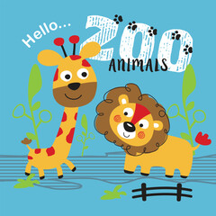Cartoon giraffe and lion smiling under hello zoo animals text with paw prints and plant accents in cheerful animal-themed setting. Wildlife illustration concept
