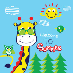 Cartoon giraffe wearing sunglasses smiling under happy sun and colorful birds with welcome to summer text in bright outdoor vacation scene. Seasonal illustration concept
