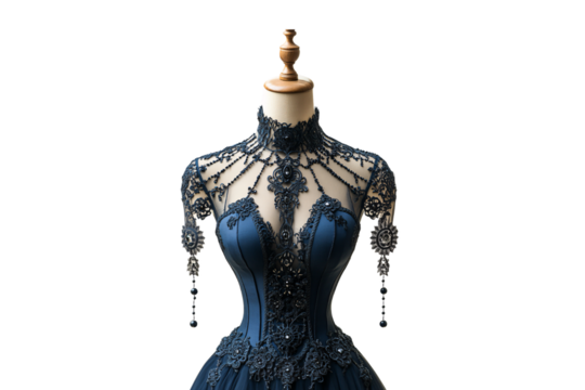 Royal blue lace gown bodice with crystal embroidery, jeweled shoulder chains, and high collar on mannequin, isolated on a transparent background