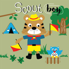 Cartoon tiger dressed as scout boy holding signal flags near camping tent, tree, and owl in playful forest outdoor scene. Adventure illustration concept
