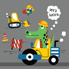Cartoon crocodile driving road roller with construction bird and digger surrounded by cones and barriers in playful city building scene. Construction illustration concept

