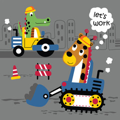 Cartoon giraffe and crocodile driving construction vehicles with traffic cones and cityscape background in playful urban work scene for children. Construction illustration concept
