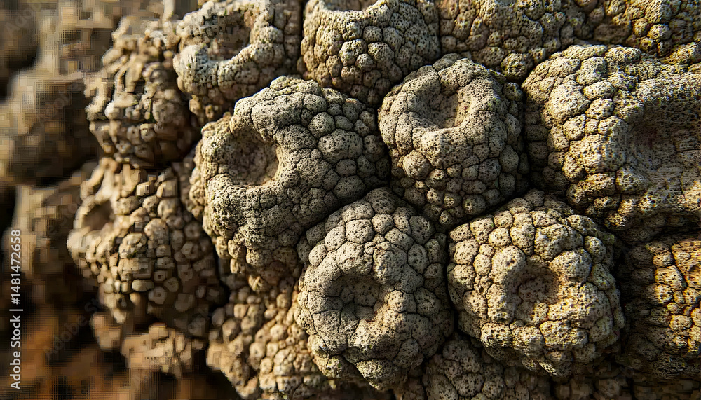 Poster intricate close-up of a textured, organic surface resembling a cluster of cells or geological format
