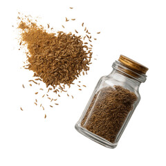 Caraway Seeds in Glass Jar with Spilled Seeds on White Transparent background