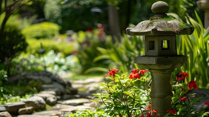 Stone Lantern Beside Red Flowers In Japanese Garden With Greenery And Pathway