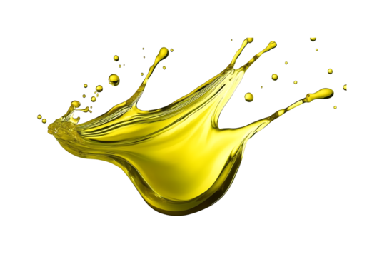 Golden Fresh olive oil dynamic splash with fluid wave shape, isolated on transparent background PNG, 