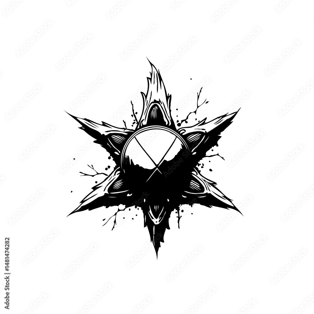 Poster monochrome abstract starburst design with central circle and dynamic spikes