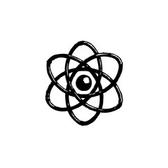 Stylized atom representation with orbiting paths on white backdrop simplicity