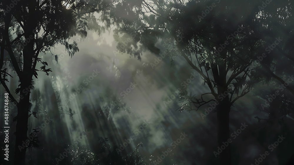 Poster sunlight streaming through forest canopy creating atmospheric shadows and light