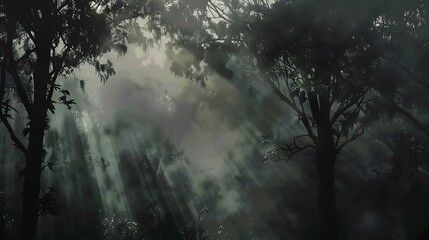 Fototapeta premium Sunlight Streaming Through Forest Canopy Creating Atmospheric Shadows and Light