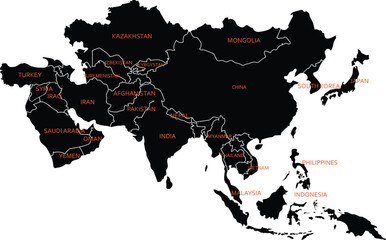 Asia Map with countries Black and white