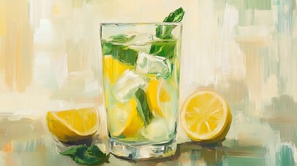 Fototapeta premium Refreshing lemon and mint beverage in glass.