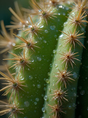 A macro shot of morning dew settling on the spines of a cactus, creating tiny beads of light against the textured green surface.