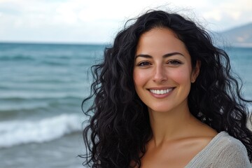 Beautiful Woman with Curly Black Hair Smiling at Beach Portrait