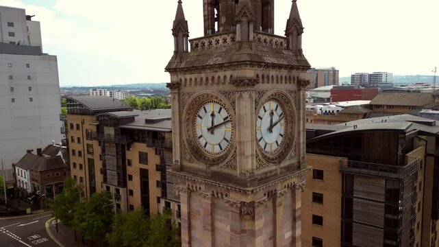 Rotating aerial of the Albert Clock in Belfast City Centre in Northern Ireland, UK. Filmed in 4K, 30fps and with Rec709 Color.