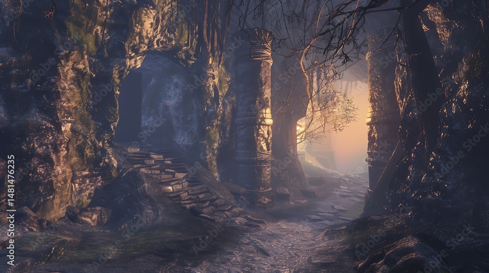 Poster sunlit forest path through stone tunnel with golden glowing light and shadows