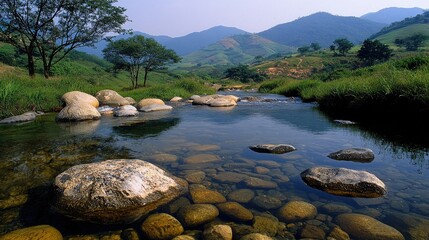 A serene landscape featuring a flowing river and green hills