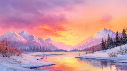 Dreamlike sunset over snowy wilderness, with a frozen river reflecting warm hues and mountain silhouettes