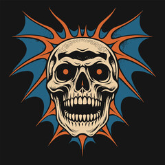 Skull with Pointed Shapes in Blue and Orange Colors Illustration