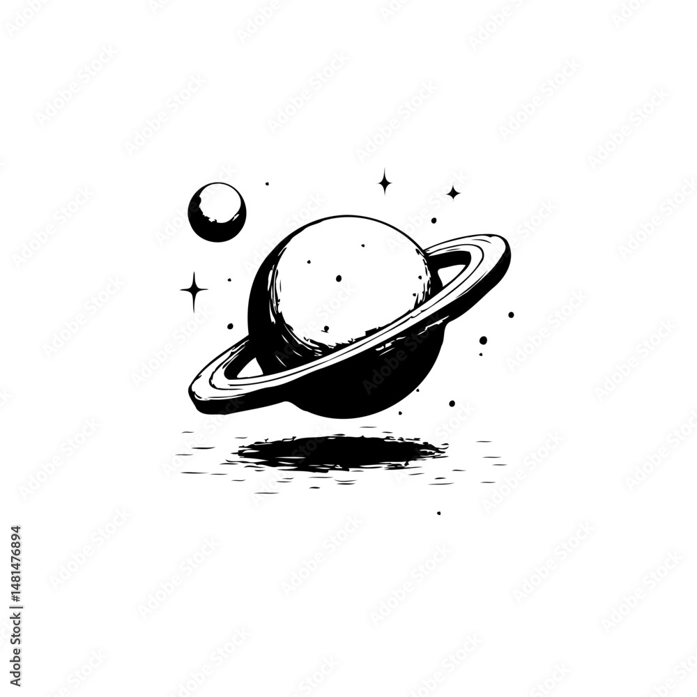 Poster monochrome depiction of a ringed planet hovering above a textured surface