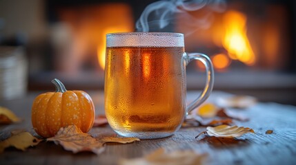 Cozy autumnal drink by fireplace.  A glass of beer with steam rising, set on a wooden table amidst autumn leaves and a small pumpkin, in front of a warm fireplace