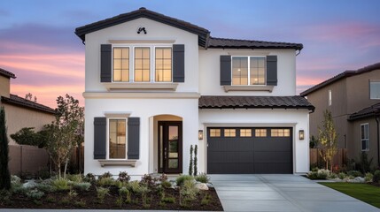Front View of Two Story Home at Sunset in Suburban Neighborhood Real Estate Photography