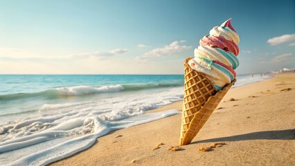 Colorful Ice Cream Cone by the Beach on a Sunny Day. Ideal for summer, beach vacation, or ice cream content.