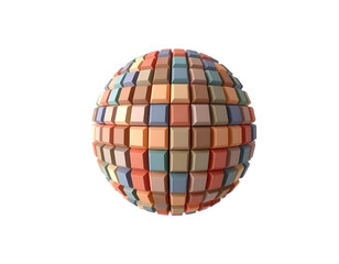 3D mosaic sphere made of colorful cubes, isolated on transparent