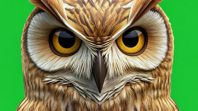 Realistic Close-up of an Owl with Detailed Feather Texture Against a Green Background for Nature Photography