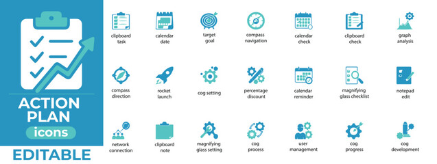 Editable action plan vector icons for business strategy, project planning, and clean modern infographic design